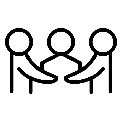 Black icon of three people sitting together on a white background