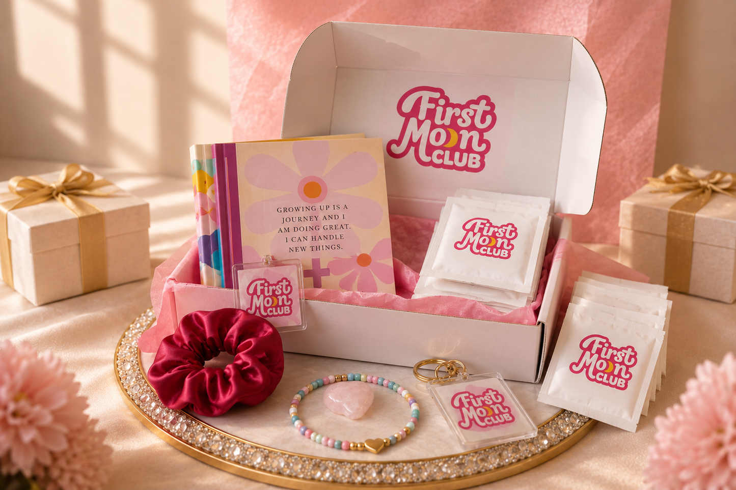 First Moon Club product set on a decorative tray with pink background