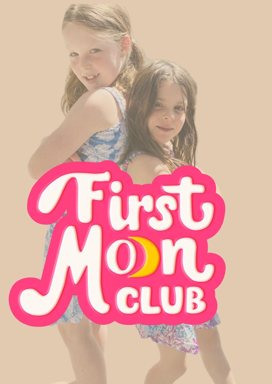 Two young girls in floral dresses standing behind the 'First Moon Club' logo on a beige background.