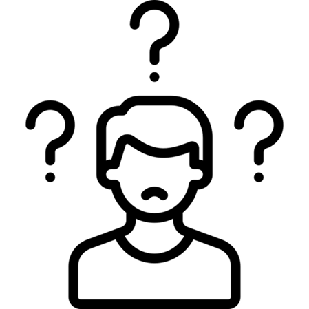 Outline of a person with question marks above their head on a white background