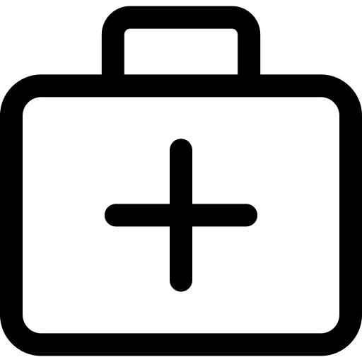 Black outline of a briefcase with a plus sign on a white background