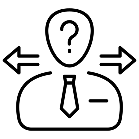 Icon of a person with a question mark and arrows pointing to different sides on a white background