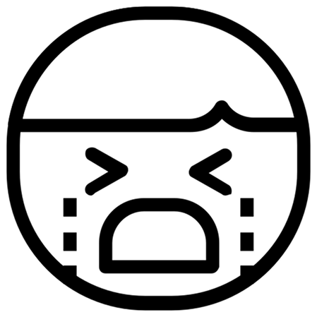 Black and white icon of a face with a sad expression on a white background